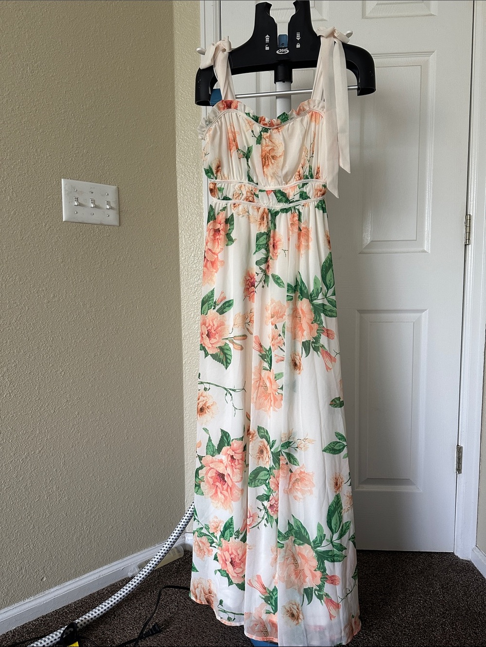 Flying Tomato Cream Maxi Dress with Peach Floral Print and Green Leaves